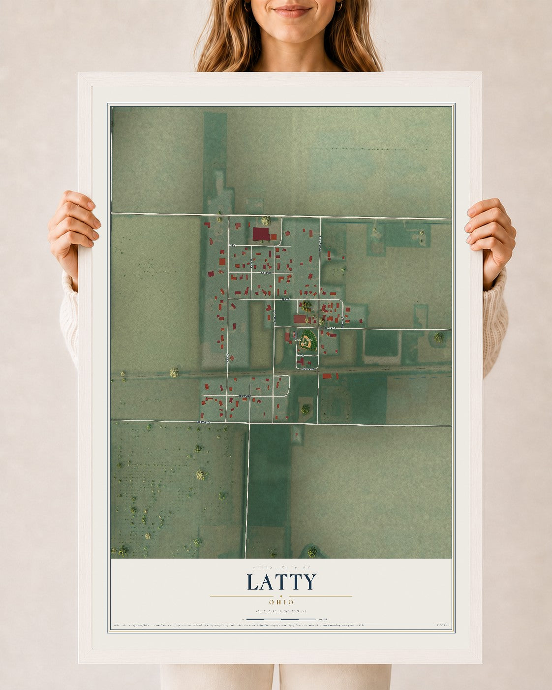 Map of Latty, Ohio, 24 x 36 inch print in a white wood frame