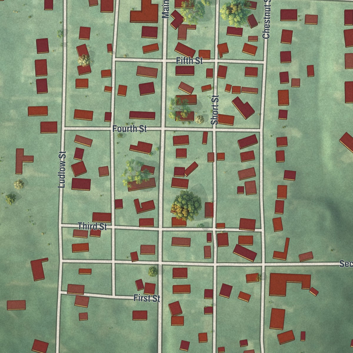 Close-up of the map of Laura, Ohio print showing street and building detail