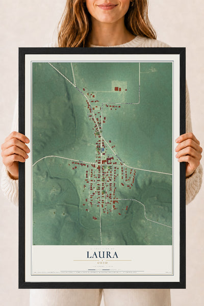 Map of Laura, Ohio, 18 x 24 inch print in a black wood frame