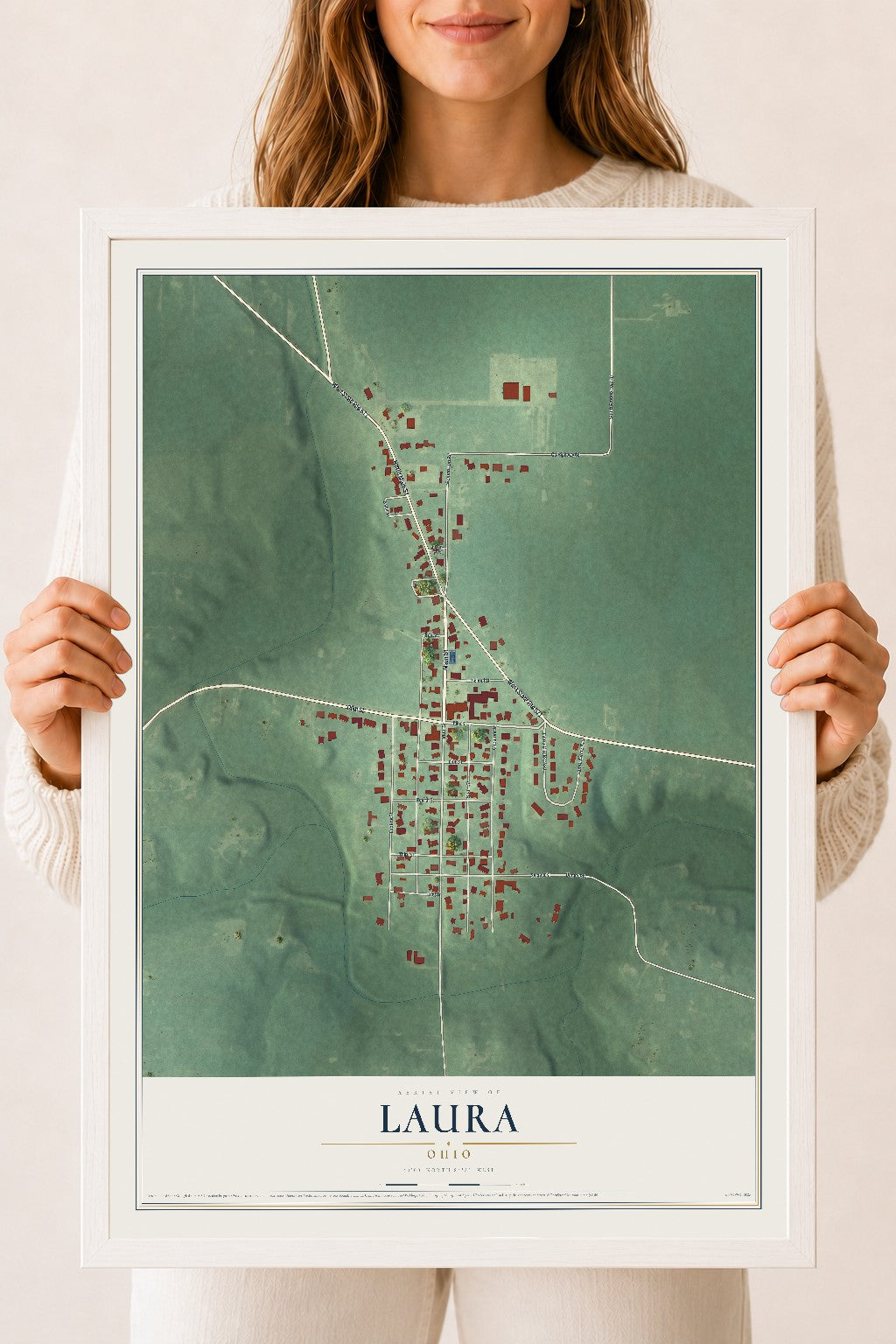 Map of Laura, Ohio, 18 x 24 inch print in a white wood frame