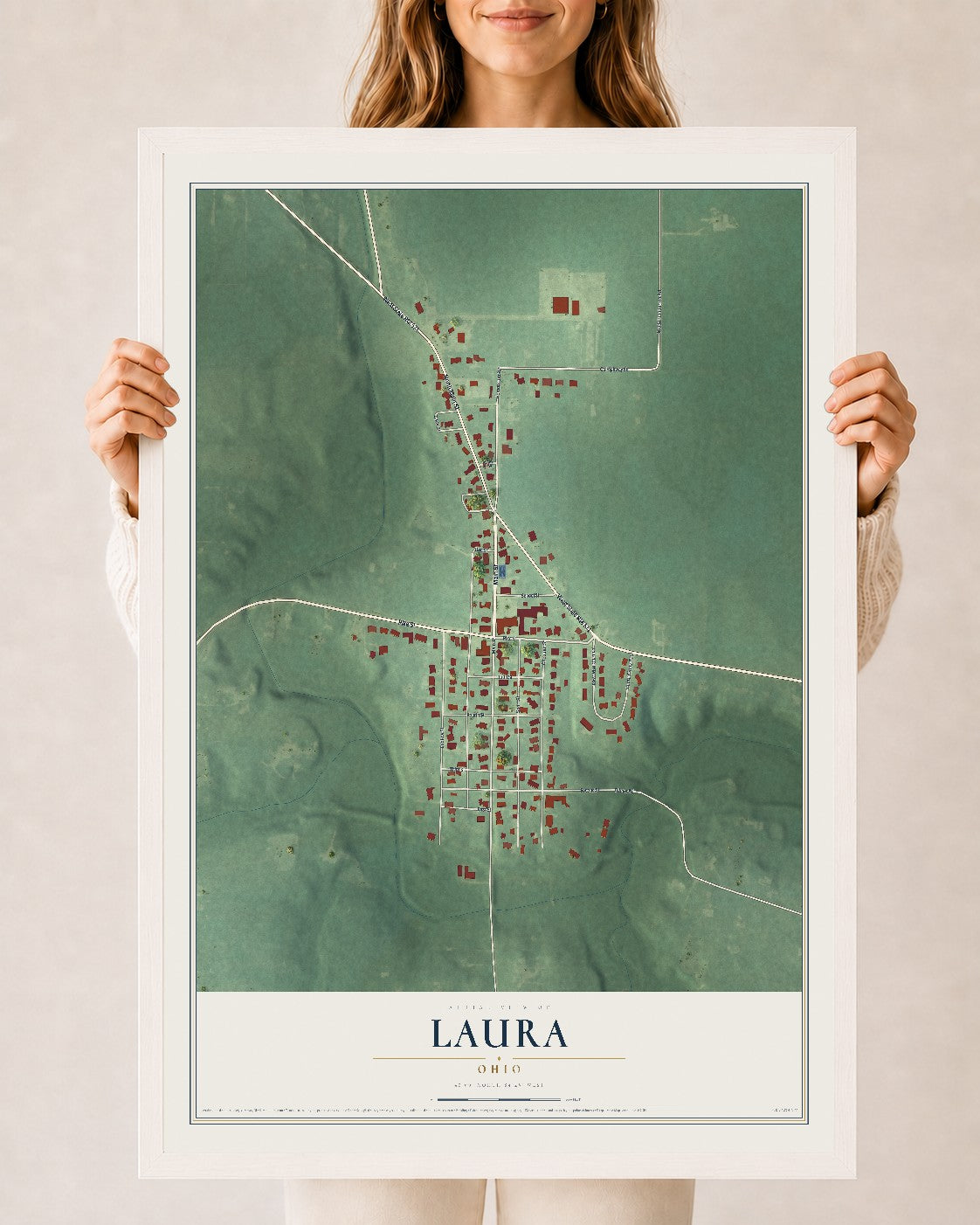 Map of Laura, Ohio, 24 x 36 inch print in a white wood frame