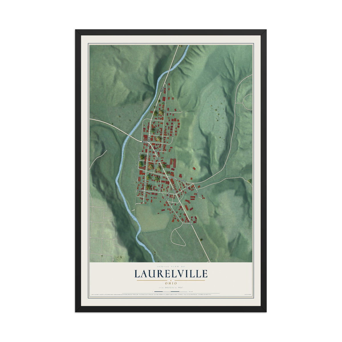 Map of Laurelville, Ohio, 12 x 18 inch print in a black wood frame