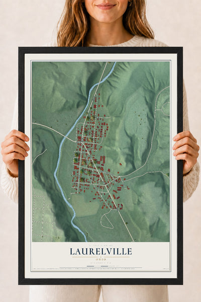 Map of Laurelville, Ohio, 18 x 24 inch print in a black wood frame