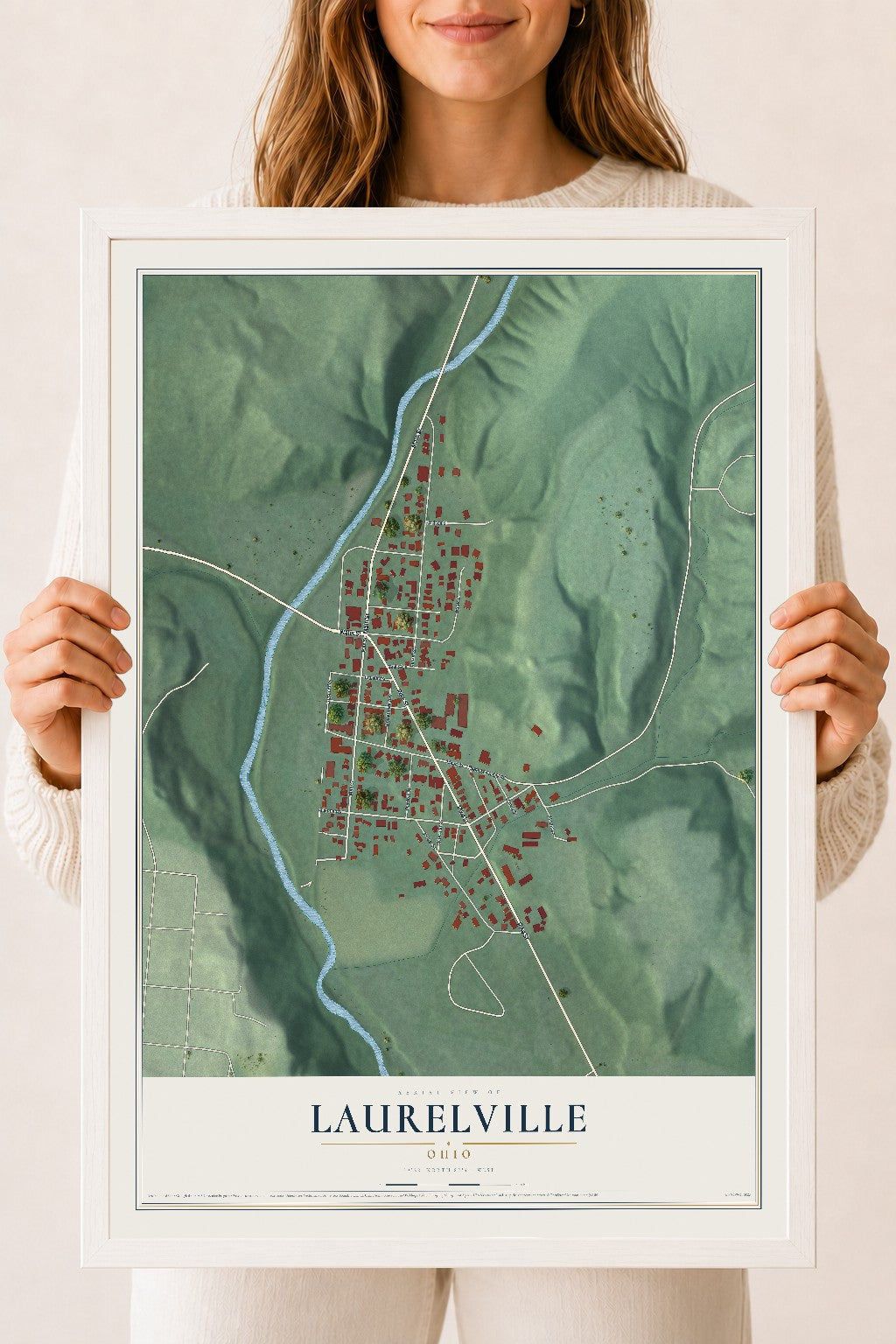 Map of Laurelville, Ohio, 18 x 24 inch print in a white wood frame