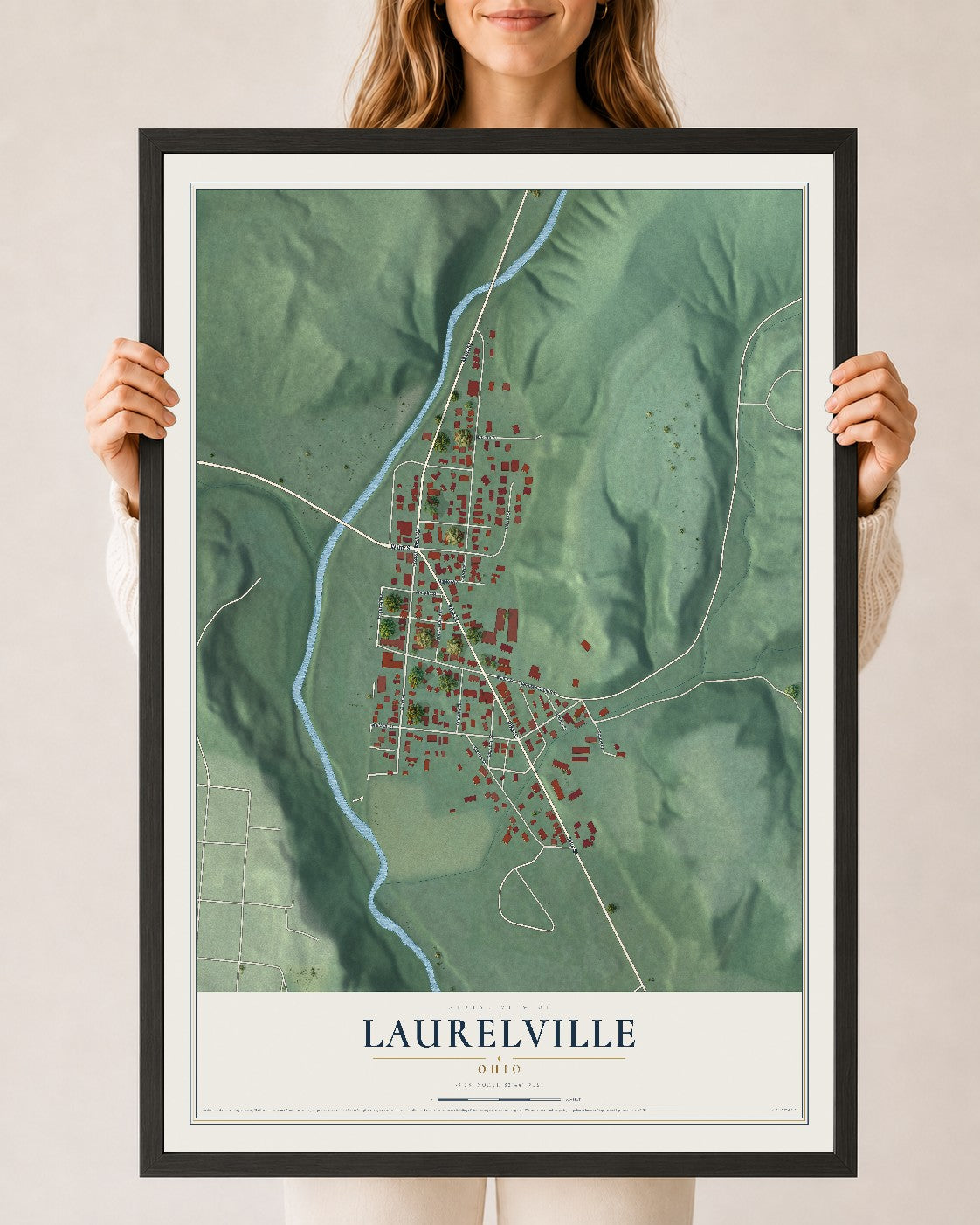 Map of Laurelville, Ohio, 24 x 36 inch print in a black wood frame