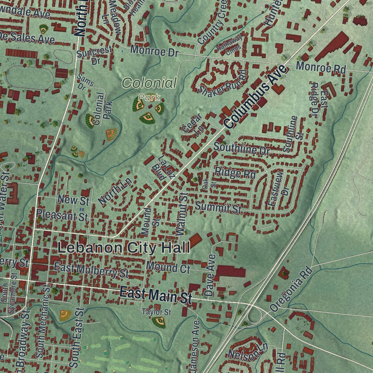 Close-up of the map of Lebanon, Ohio print showing street and building detail