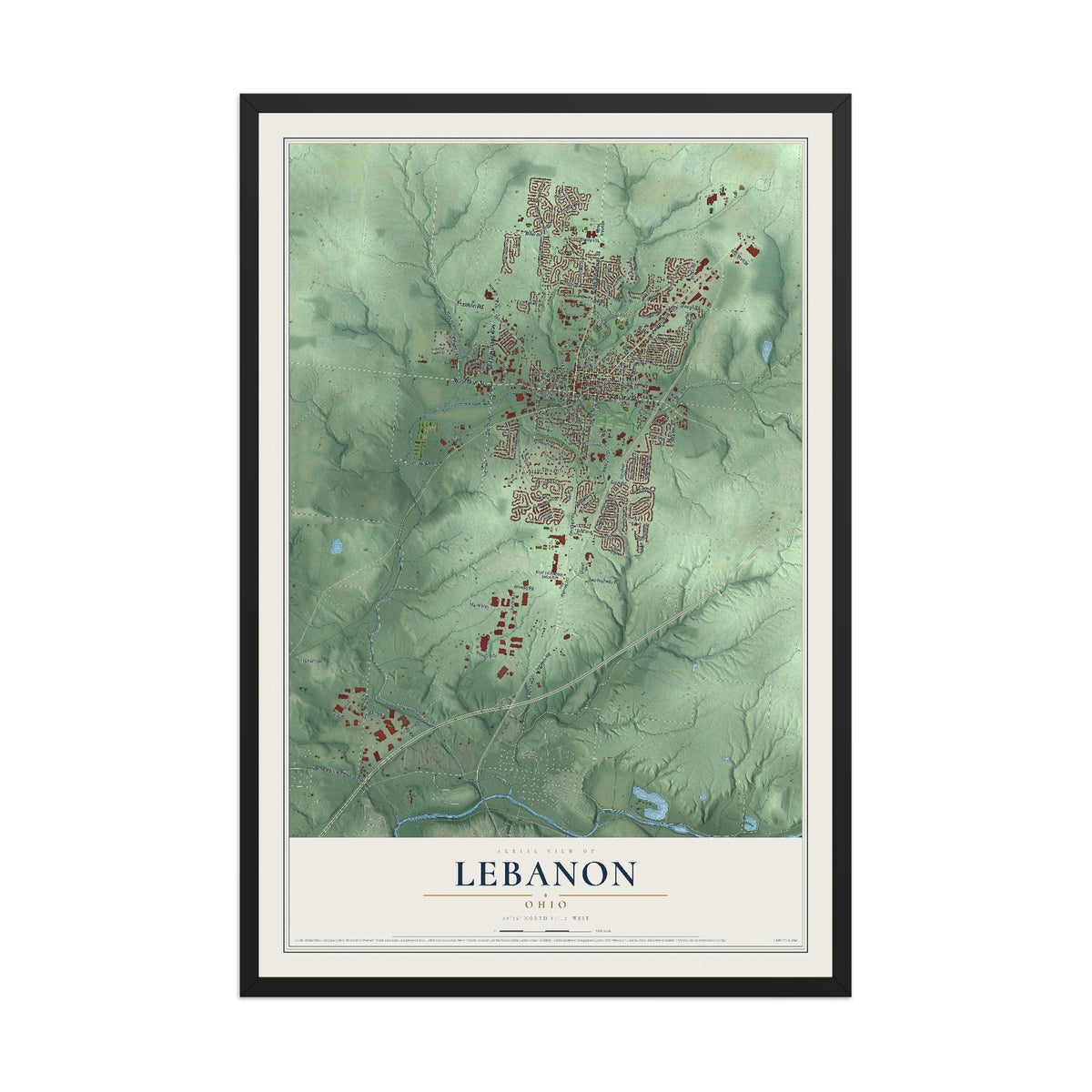 Map of Lebanon, Ohio, 12 x 18 inch print in a black wood frame