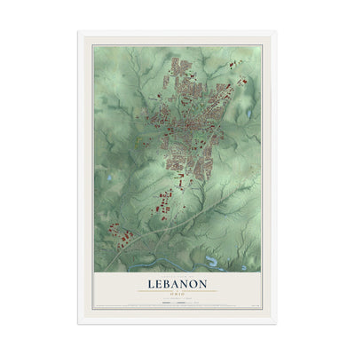 Map of Lebanon, Ohio, 12 x 18 inch print in a white wood frame