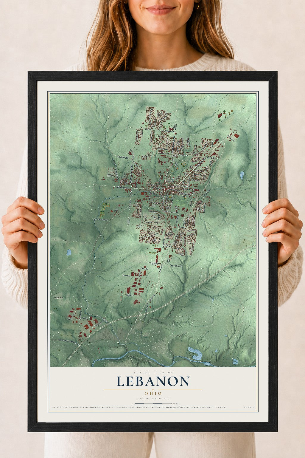 Map of Lebanon, Ohio, 18 x 24 inch print in a black wood frame