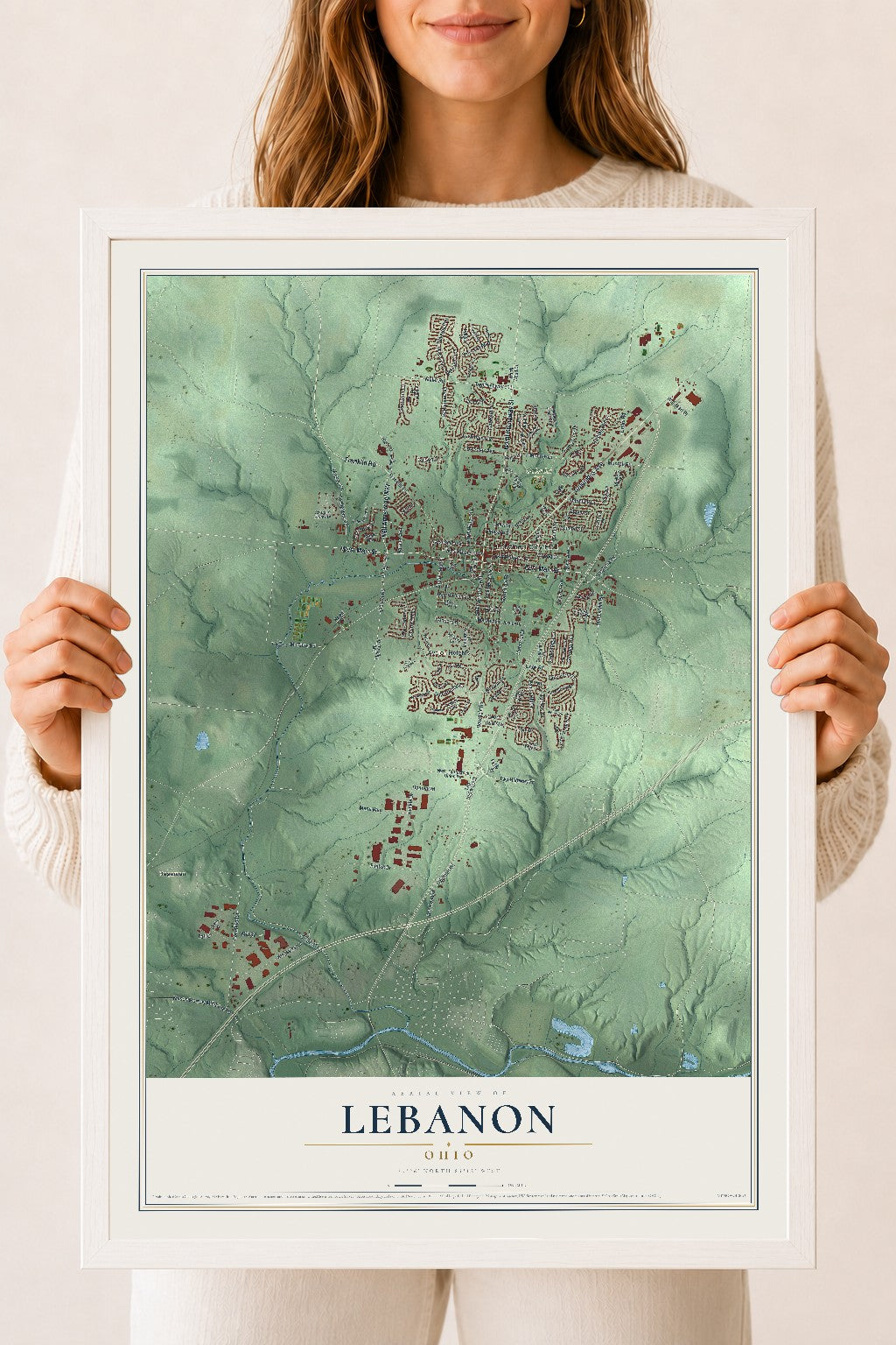 Map of Lebanon, Ohio, 18 x 24 inch print in a white wood frame