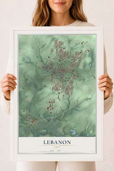 Map of Lebanon, Ohio, 18 x 24 inch print in a white wood frame