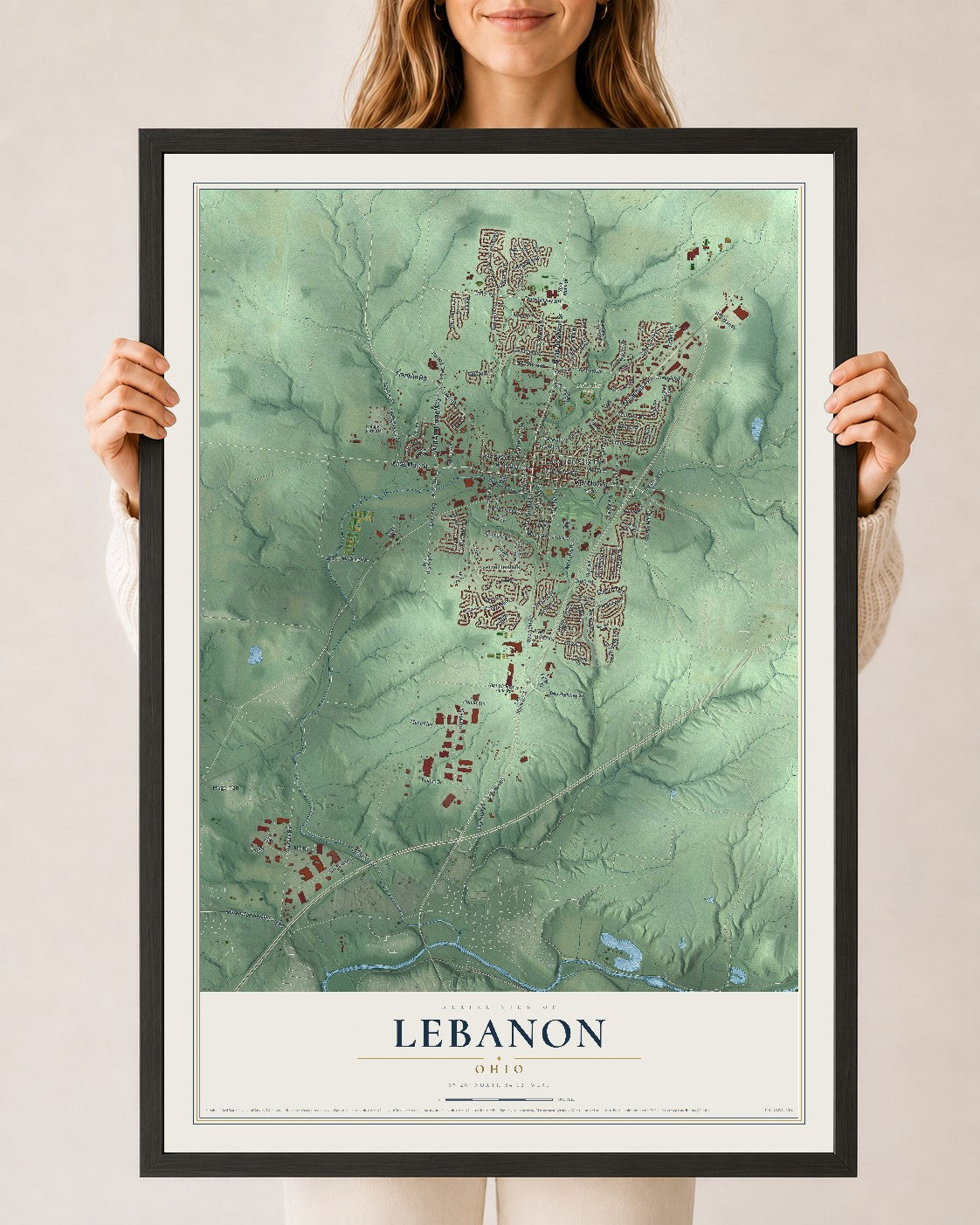 Map of Lebanon, Ohio, 24 x 36 inch print in a black wood frame