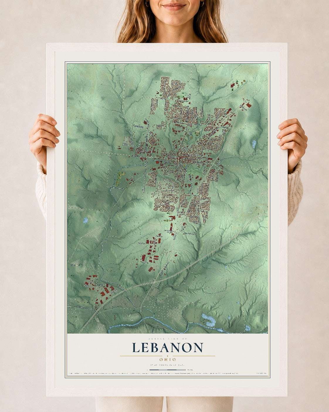 Map of Lebanon, Ohio, 24 x 36 inch print in a white wood frame