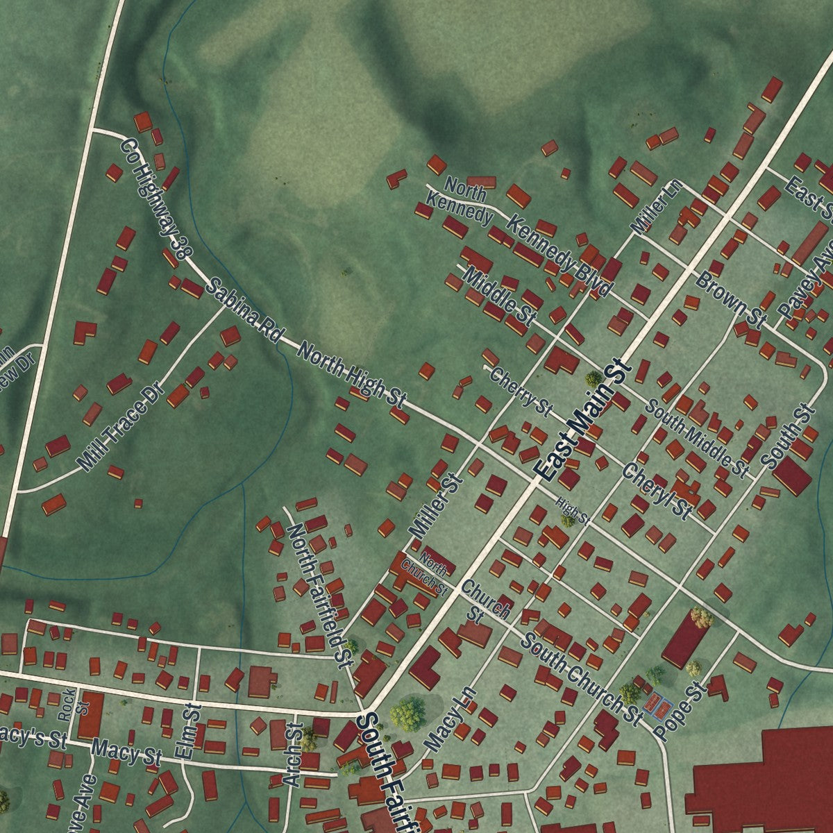 Close-up of the map of Leesburg, Ohio print showing street and building detail