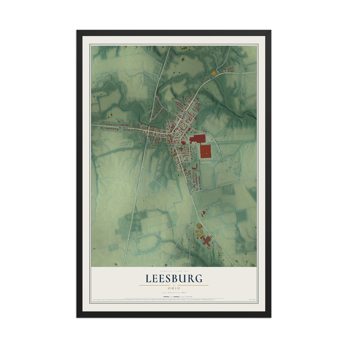 Map of Leesburg, Ohio, 12 x 18 inch print in a black wood frame