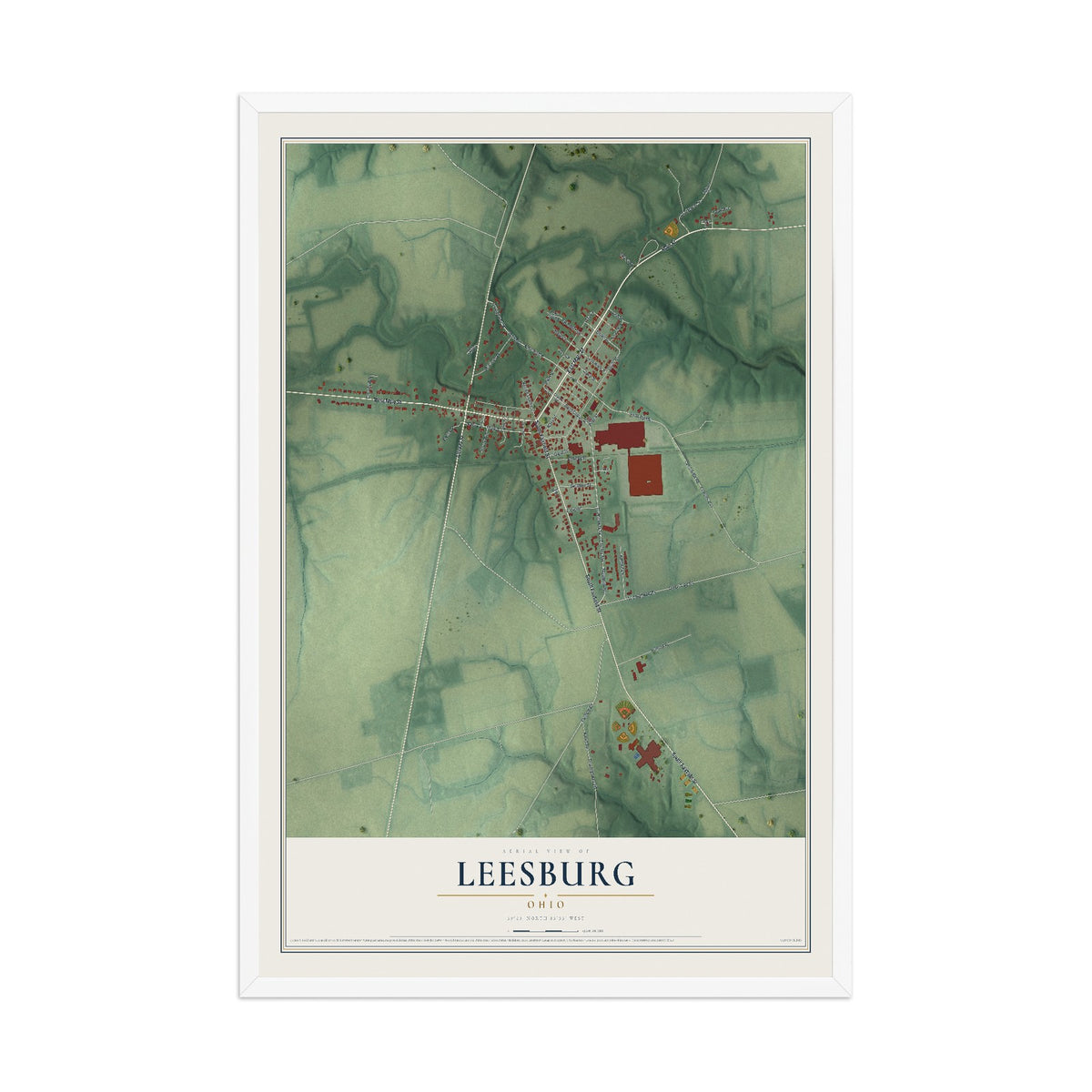 Map of Leesburg, Ohio, 12 x 18 inch print in a white wood frame