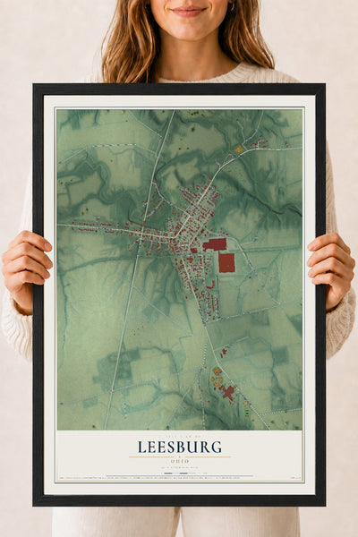 Map of Leesburg, Ohio, 18 x 24 inch print in a black wood frame