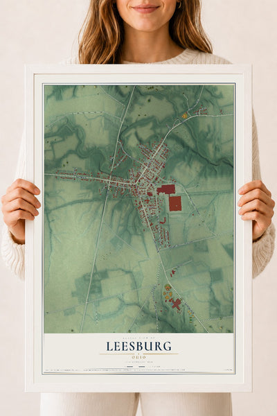 Map of Leesburg, Ohio, 18 x 24 inch print in a white wood frame