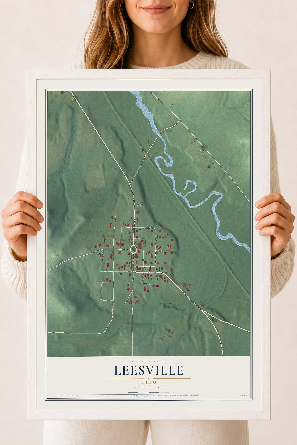 Map of Leesville, Ohio, 18 x 24 inch print in a white wood frame