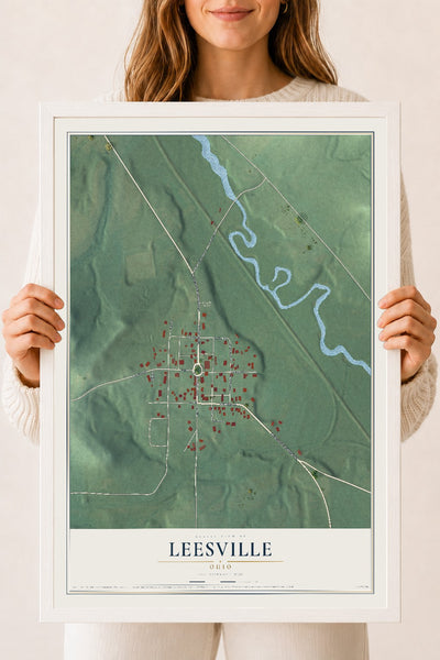 Map of Leesville, Ohio, 18 x 24 inch print in a white wood frame