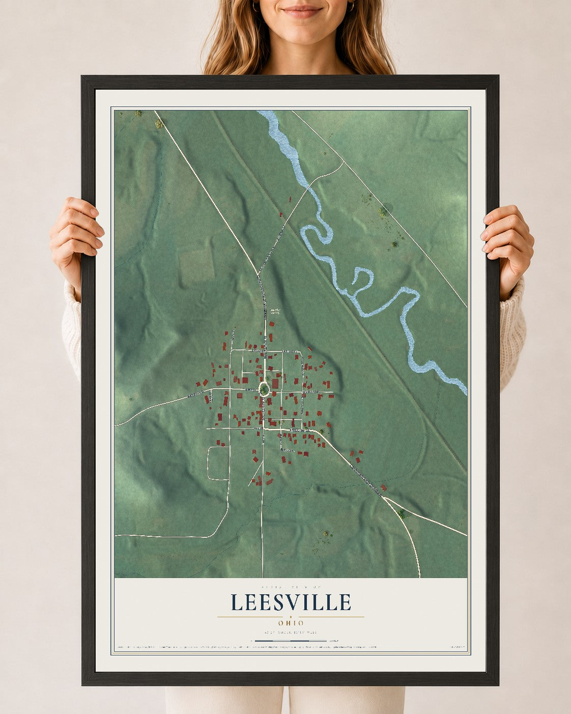 Map of Leesville, Ohio, 24 x 36 inch print in a black wood frame