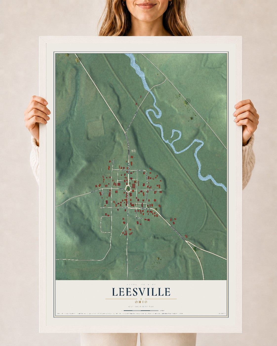 Map of Leesville, Ohio, 24 x 36 inch print in a white wood frame