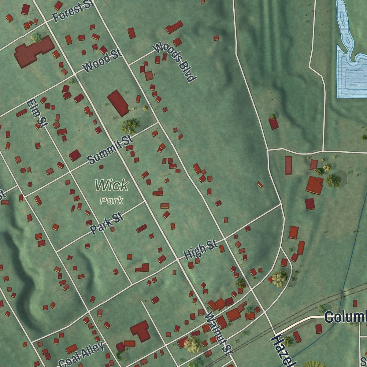 Close-up of the map of Leetonia, Ohio print showing street and building detail