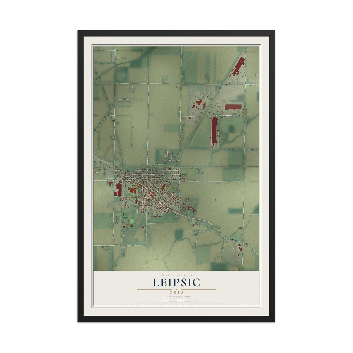 Map of Leipsic, Ohio, 12 x 18 inch print in a black wood frame