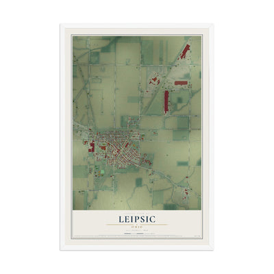 Map of Leipsic, Ohio, 12 x 18 inch print in a white wood frame