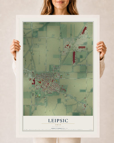 Map of Leipsic, Ohio, 24 x 36 inch print in a white wood frame