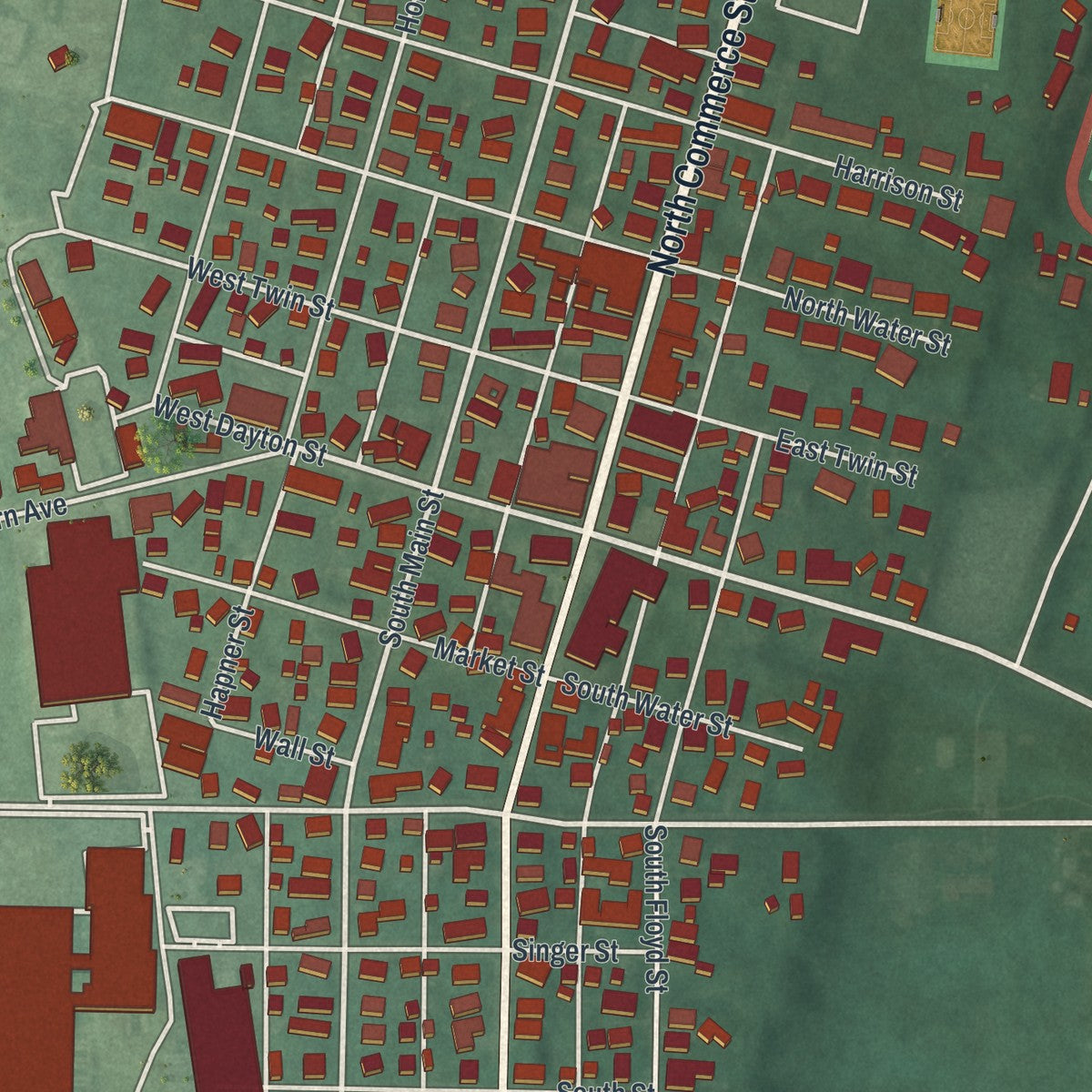 Close-up of the map of Lewisburg, Ohio print showing street and building detail