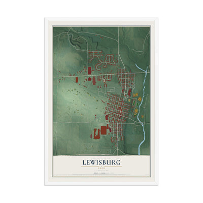 Map of Lewisburg, Ohio, 12 x 18 inch print in a white wood frame
