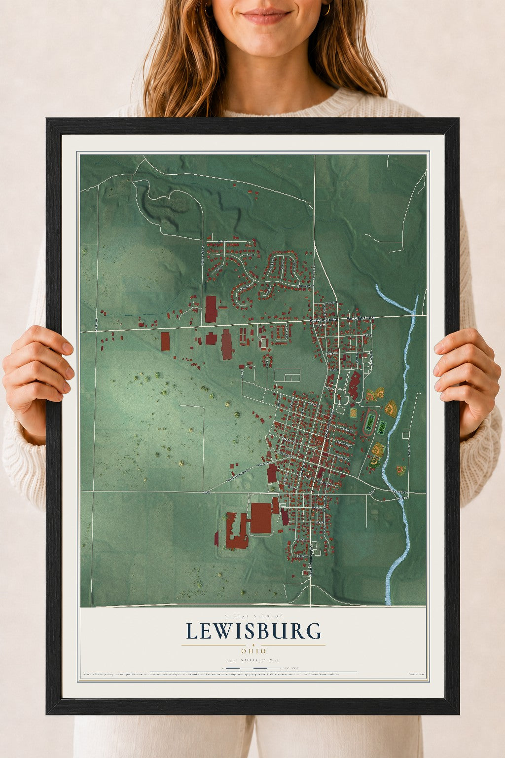 Map of Lewisburg, Ohio, 18 x 24 inch print in a black wood frame