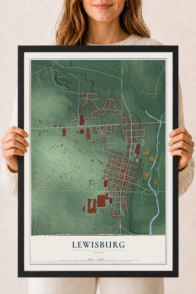 Map of Lewisburg, Ohio, 18 x 24 inch print in a black wood frame