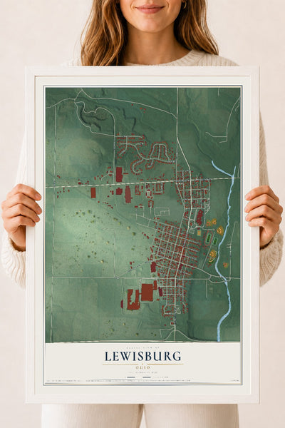 Map of Lewisburg, Ohio, 18 x 24 inch print in a white wood frame