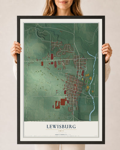 Map of Lewisburg, Ohio, 24 x 36 inch print in a black wood frame