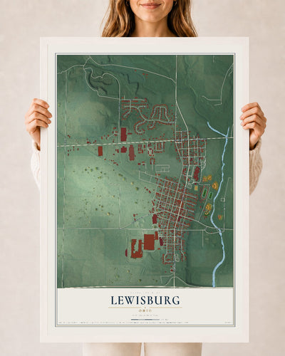 Map of Lewisburg, Ohio, 24 x 36 inch print in a white wood frame