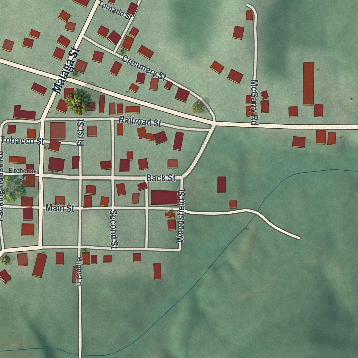 Close-up of the map of Lewisville, Ohio print showing street and building detail