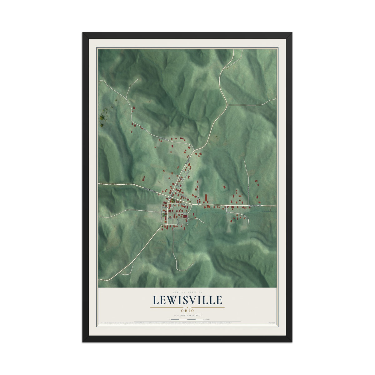 Map of Lewisville, Ohio, 12 x 18 inch print in a black wood frame