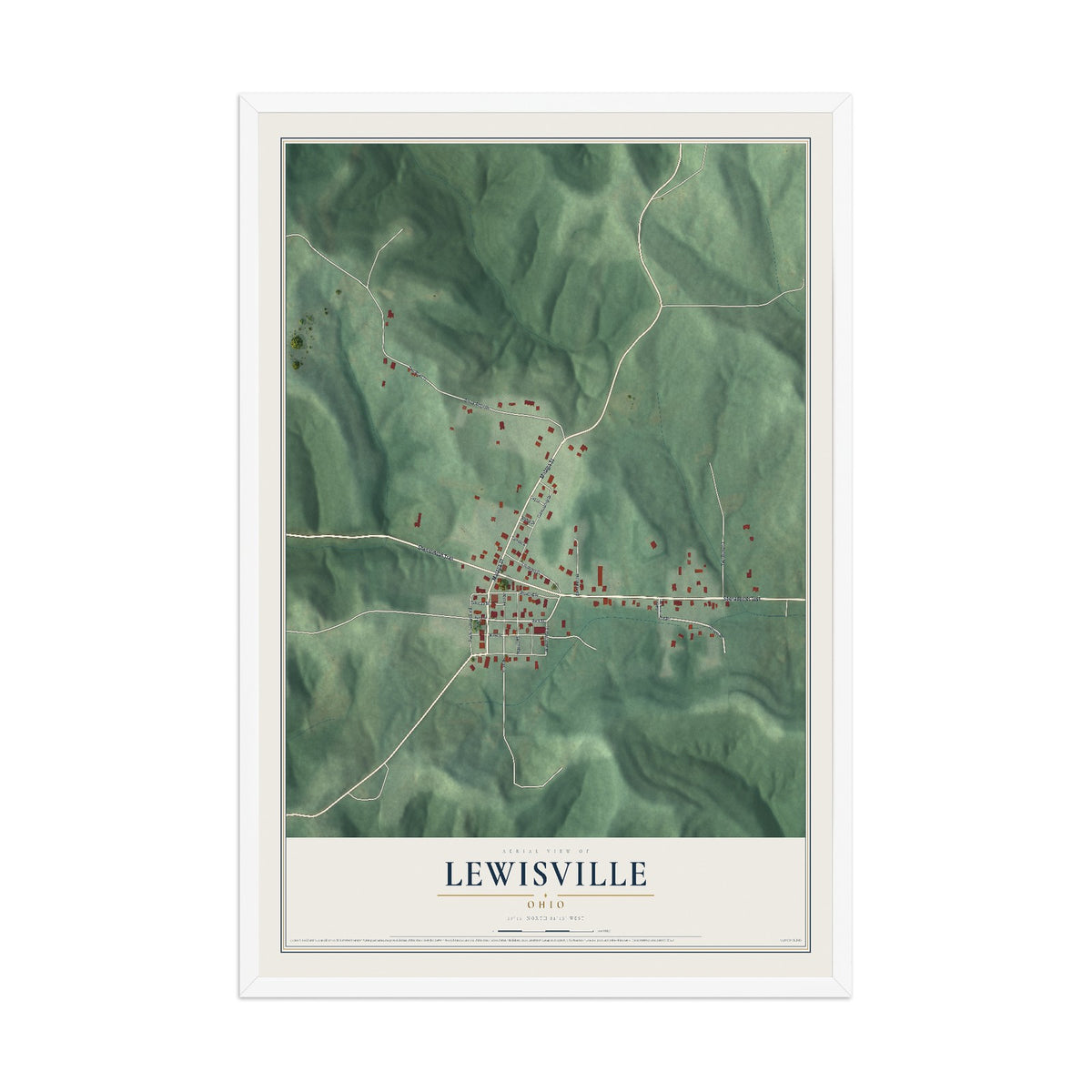 Map of Lewisville, Ohio, 12 x 18 inch print in a white wood frame