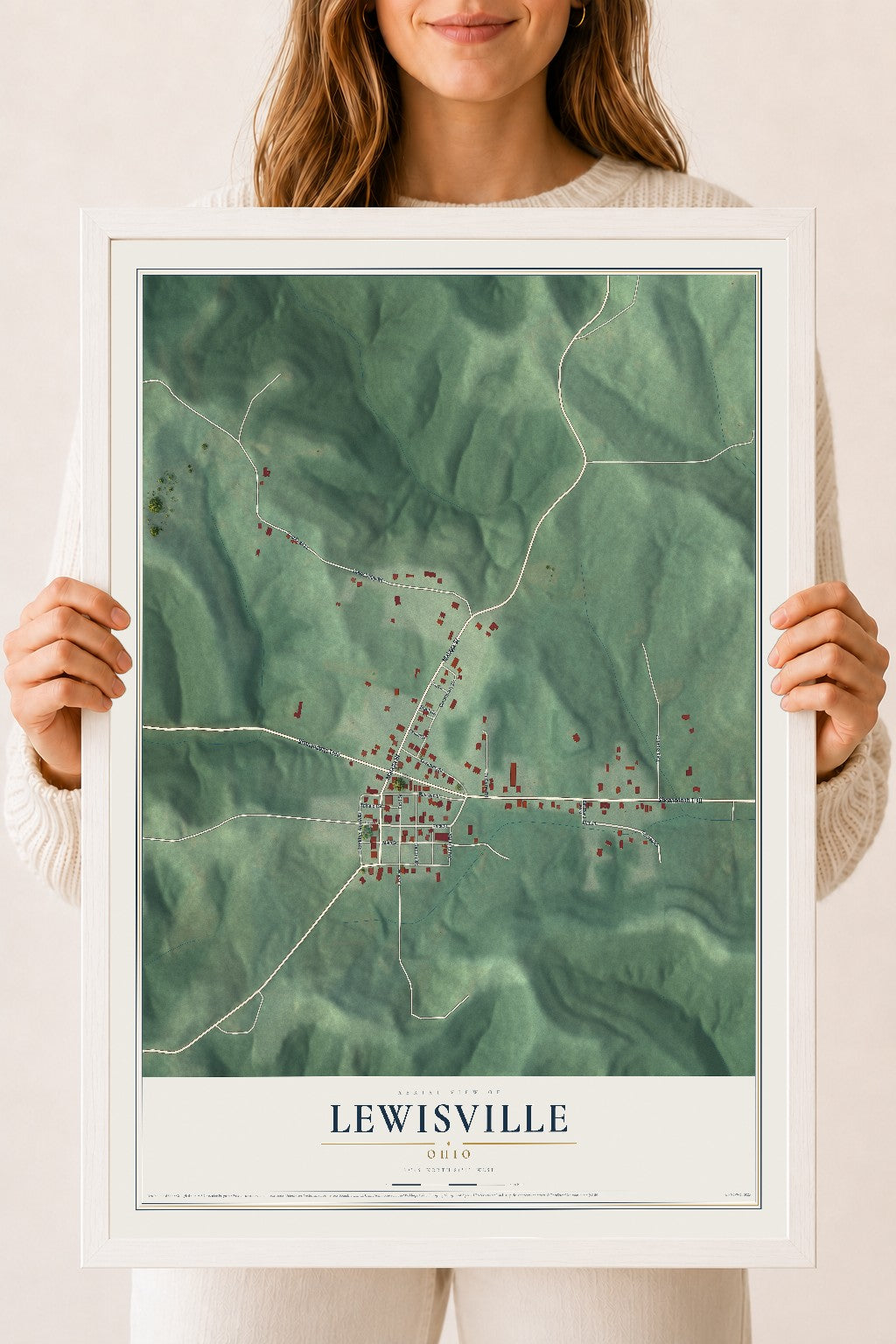 Map of Lewisville, Ohio, 18 x 24 inch print in a white wood frame