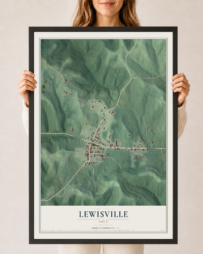Map of Lewisville, Ohio, 24 x 36 inch print in a black wood frame