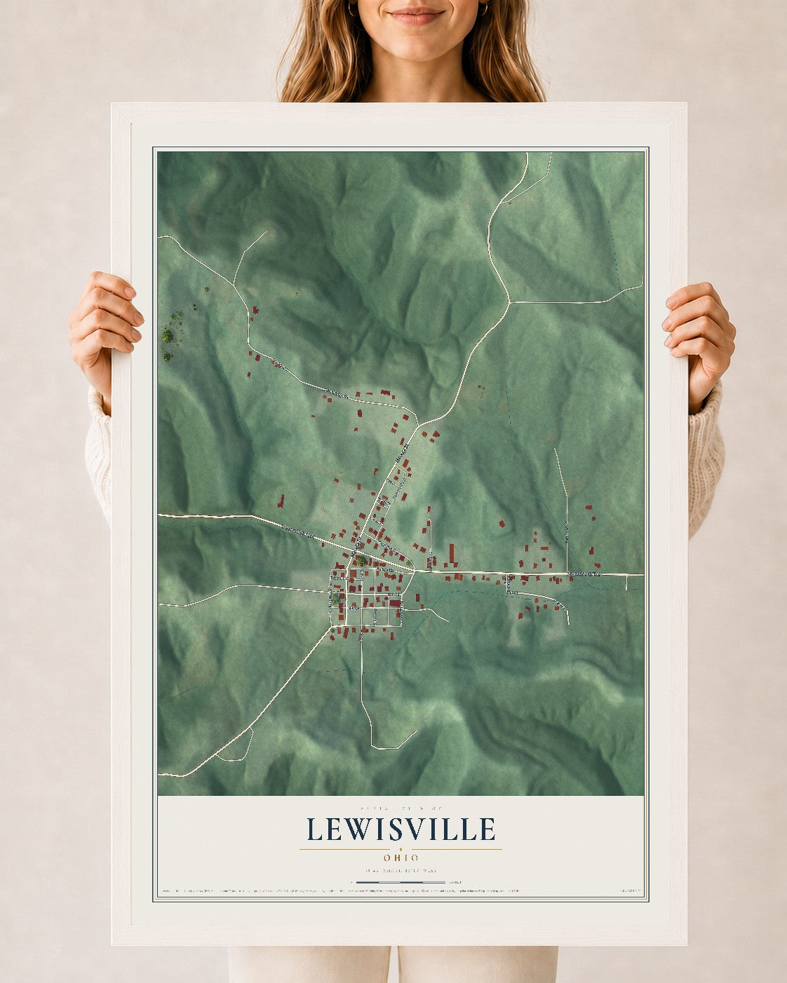 Map of Lewisville, Ohio, 24 x 36 inch print in a white wood frame
