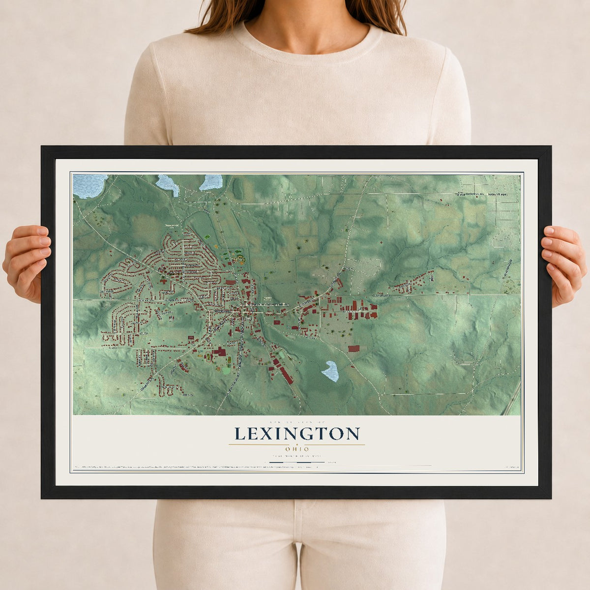Map of Lexington, Ohio, 12 x 18 inch print in a black wood frame