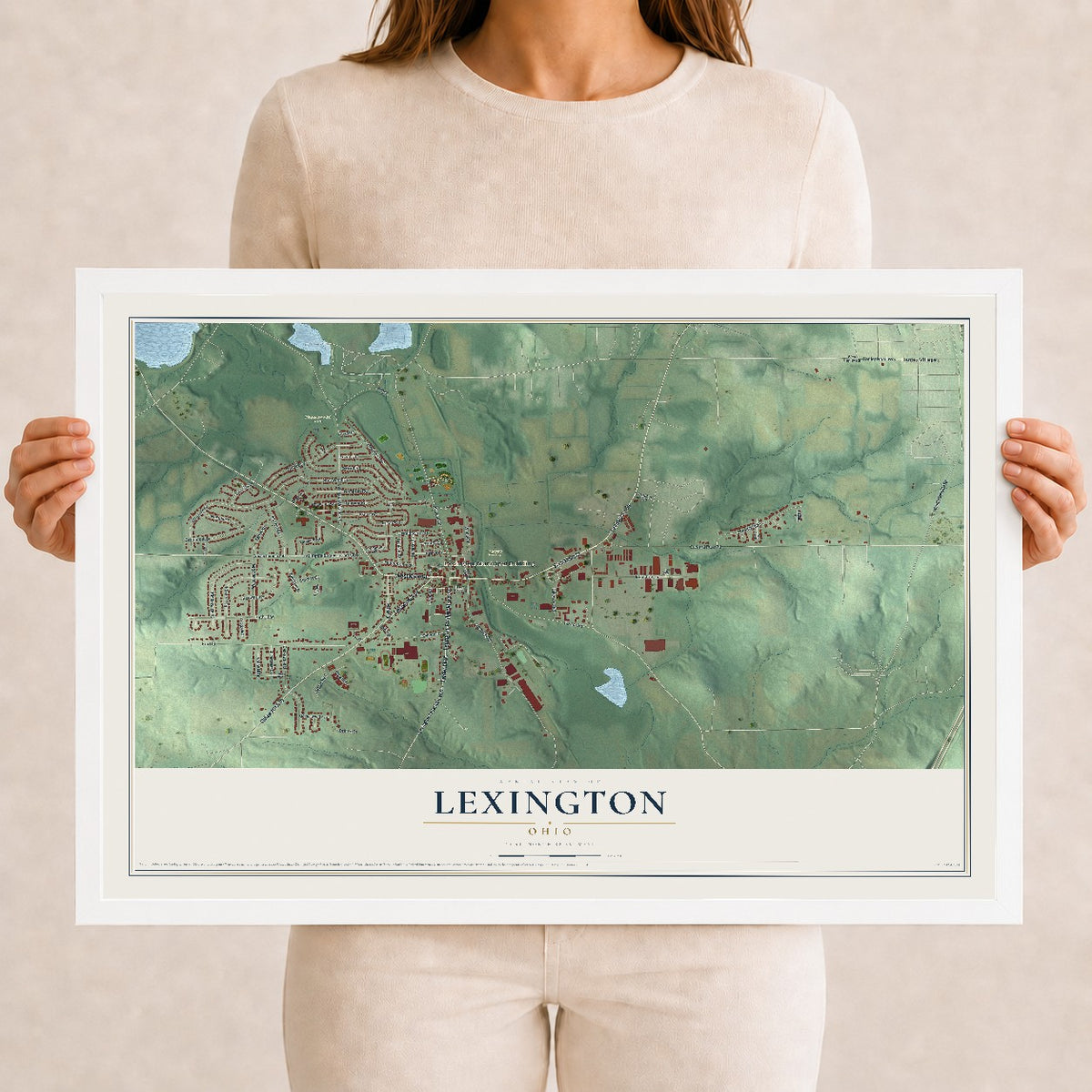 Map of Lexington, Ohio, 12 x 18 inch print in a white wood frame