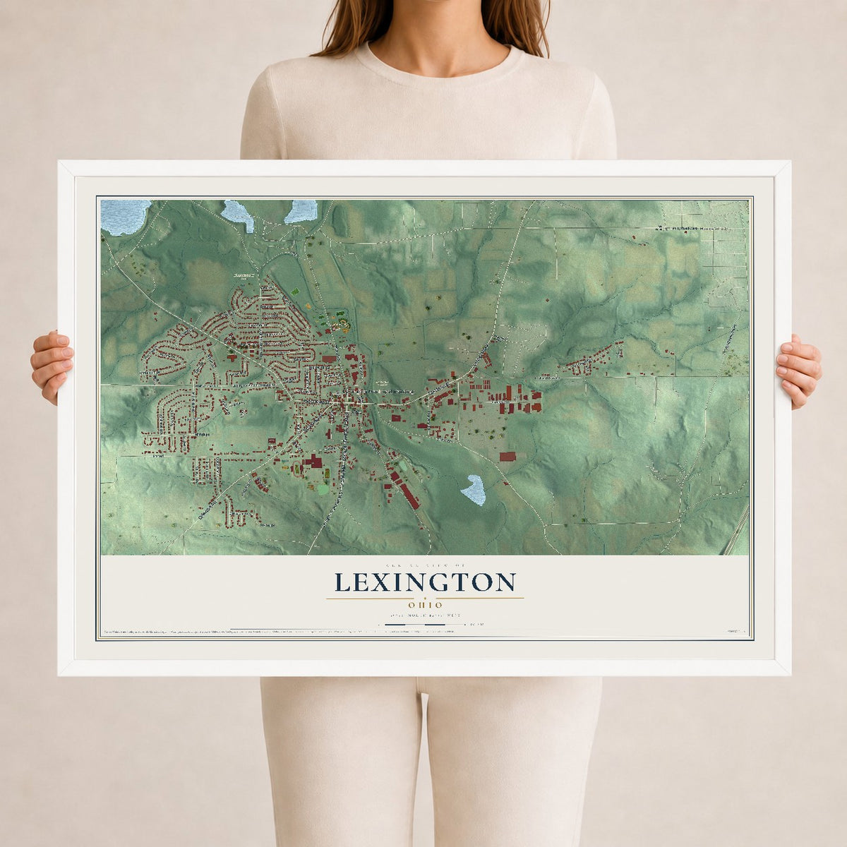 Map of Lexington, Ohio, 24 x 36 inch print in a white wood frame