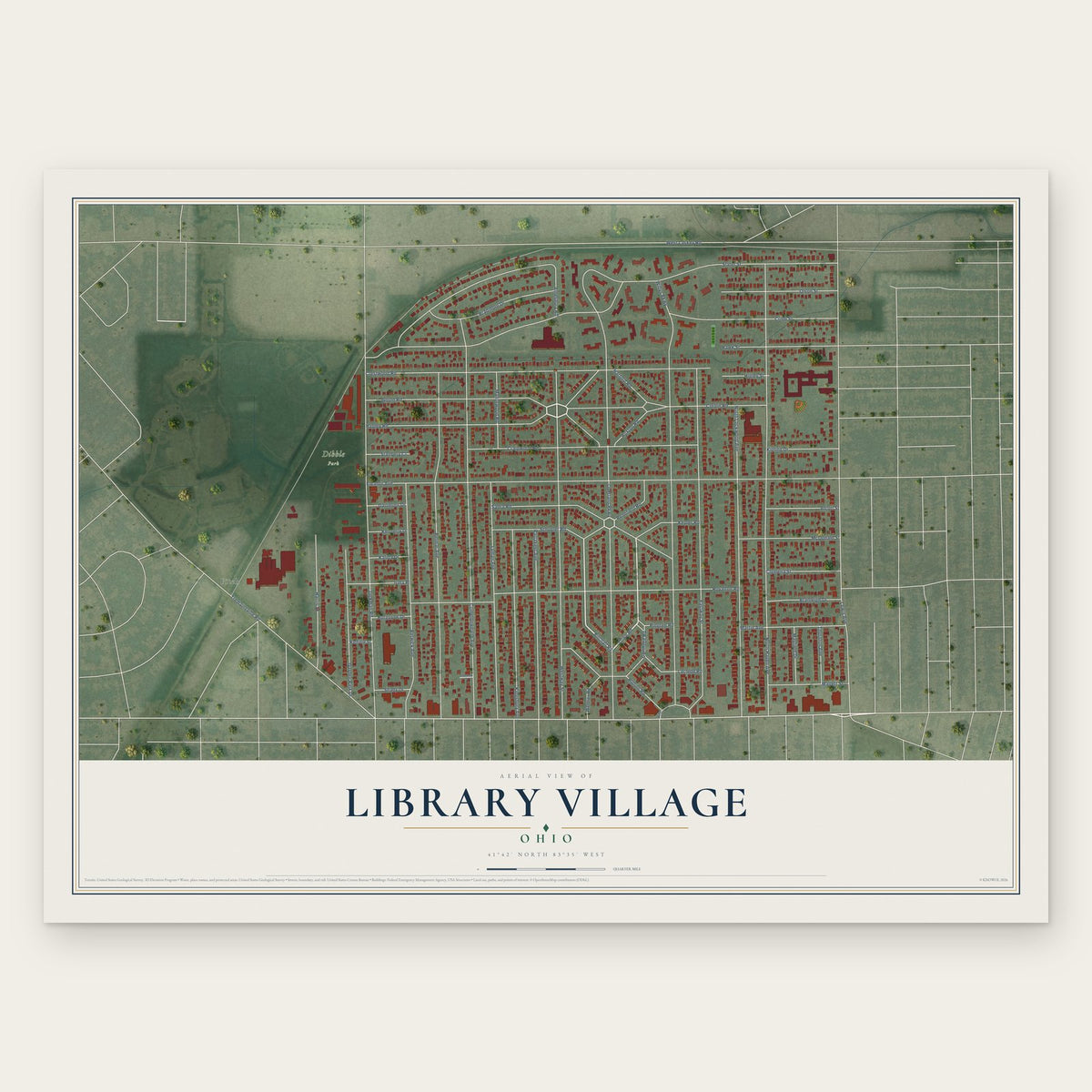 Library Village, Ohio map print, the full design