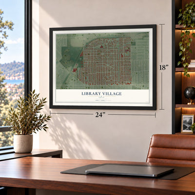 Library Village, Ohio map, 18 x 24 inch print in a black frame in a home office