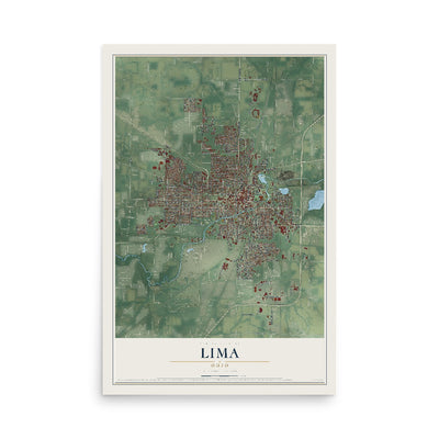 Map of Lima, Ohio, 12 x 18 inch unframed archival matte print