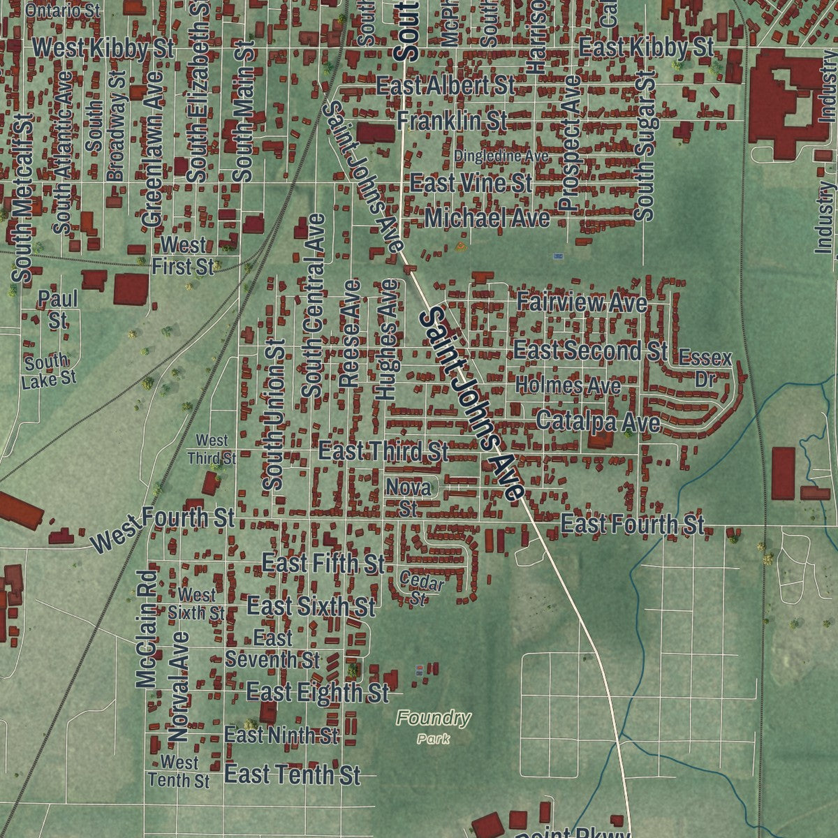 Second close-up of the map of Lima, Ohio print showing more streets and buildings
